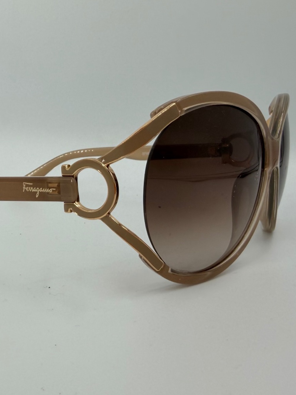 Salvatore Ferragamo SF600S Beige Gold Gancini Oversized Sunglasses w/ Case